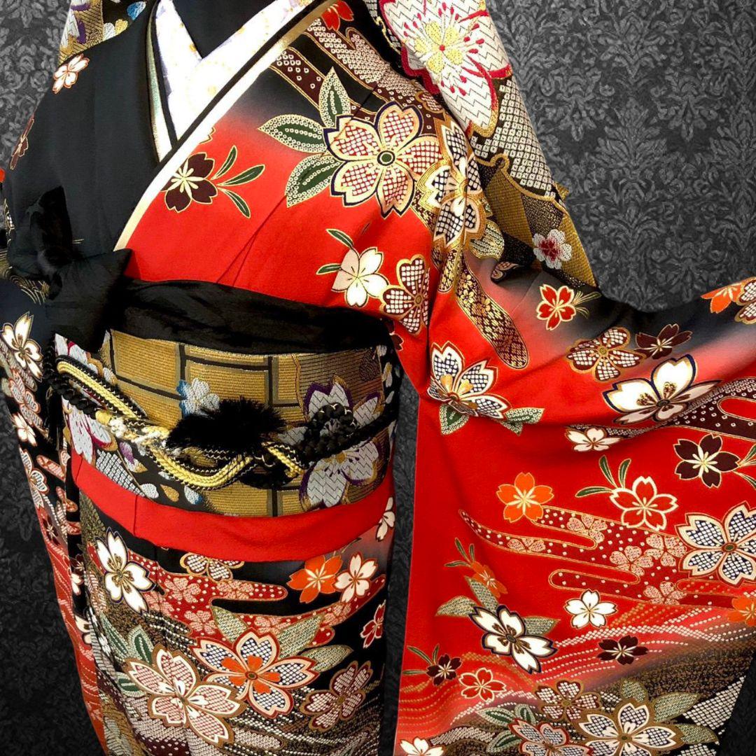 振袖フルセット(7点)・作家物・落款入り・桜尽くし・金彩加工・鹿の子柄