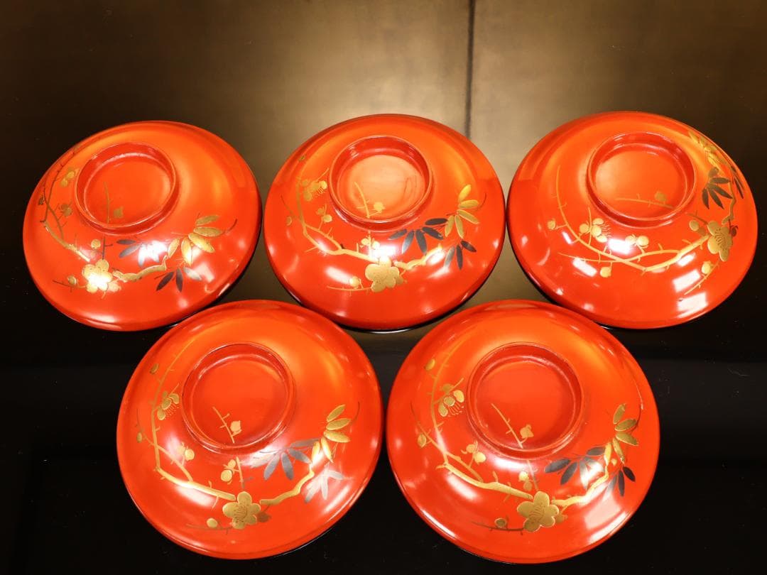 BK416　時代輪島塗　松竹梅図蒔絵　吸物椀　五客　木製　茶道具 懐石 会席