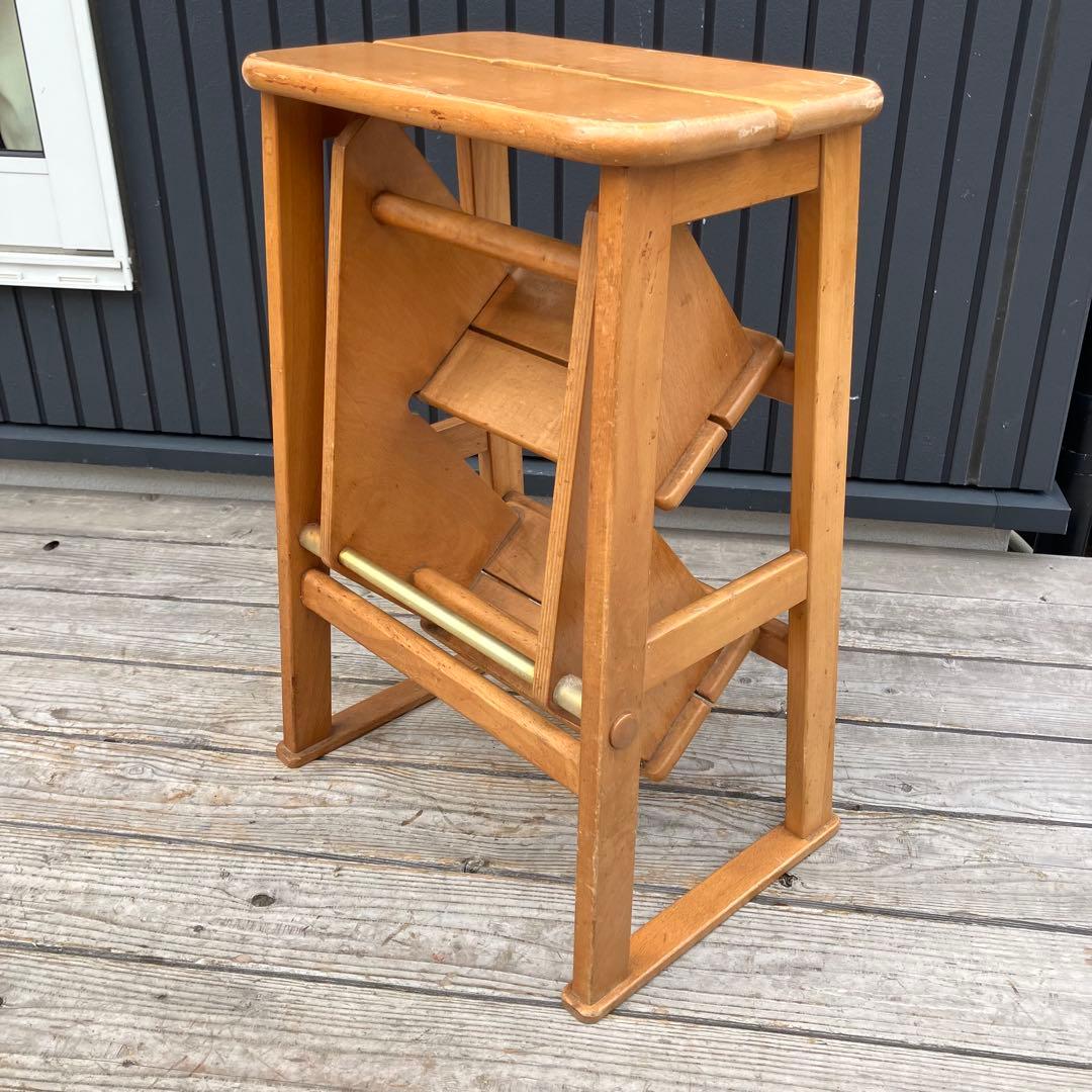 昭和レトロ 格納式 3段 木製階段脚立 踏み台 ステップスツール 飾り棚 花台