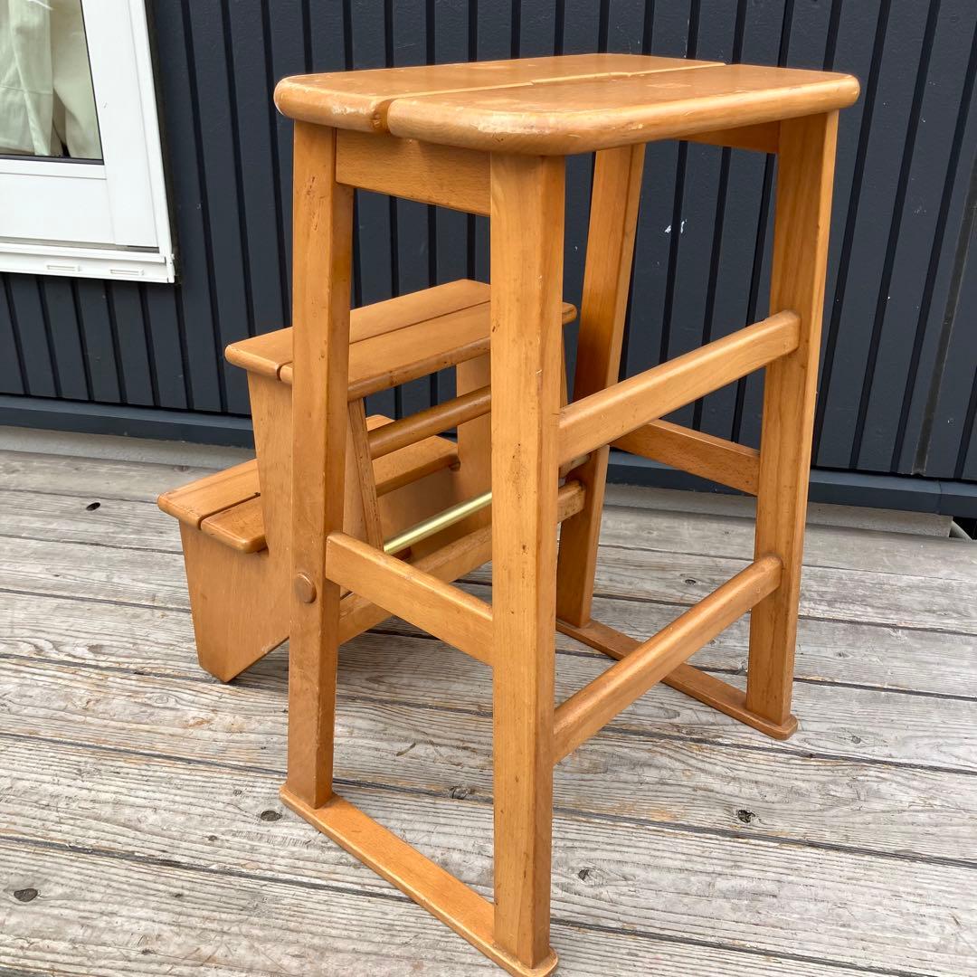 昭和レトロ 格納式 3段 木製階段脚立 踏み台 ステップスツール 飾り棚 花台