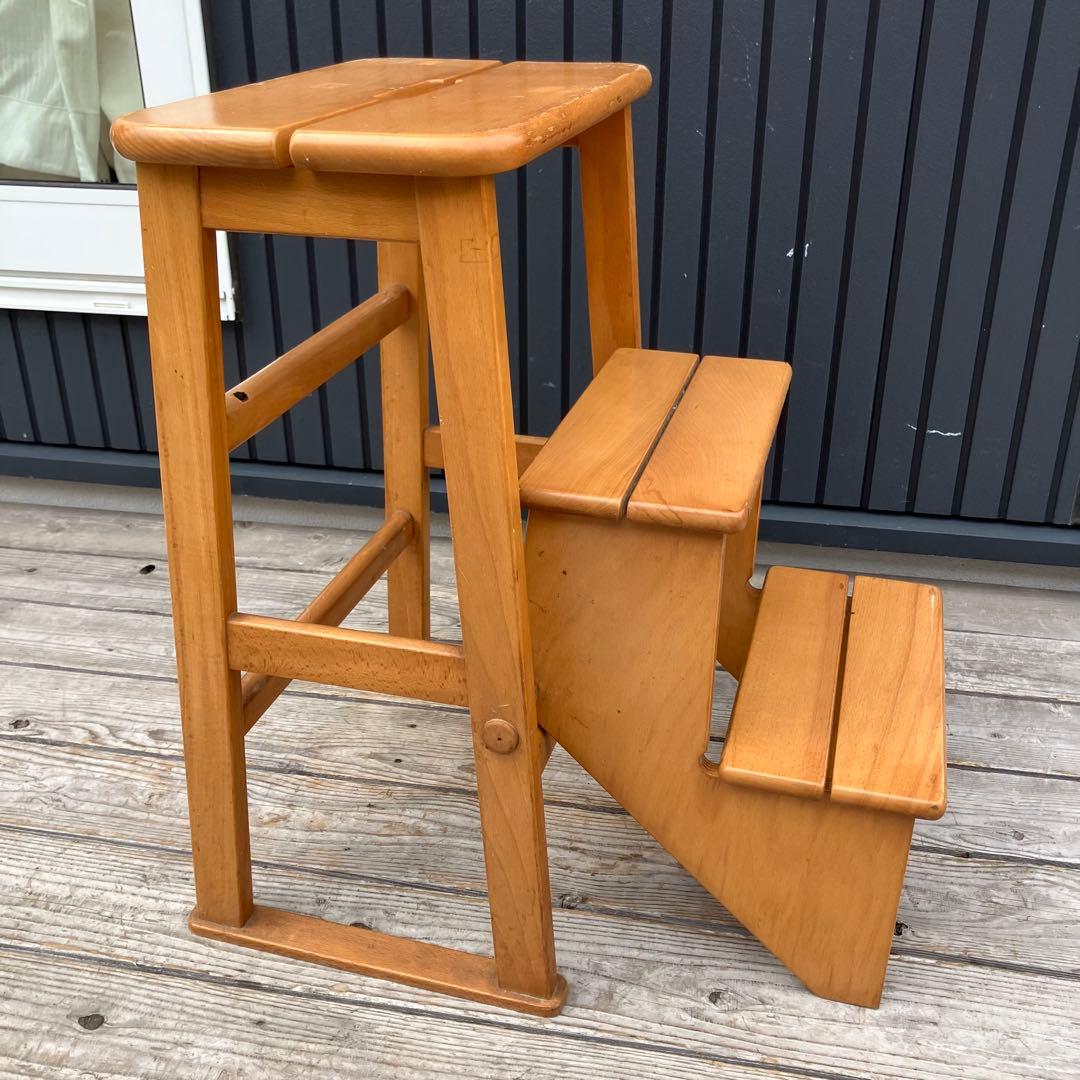 昭和レトロ 格納式 3段 木製階段脚立 踏み台 ステップスツール 飾り棚 花台