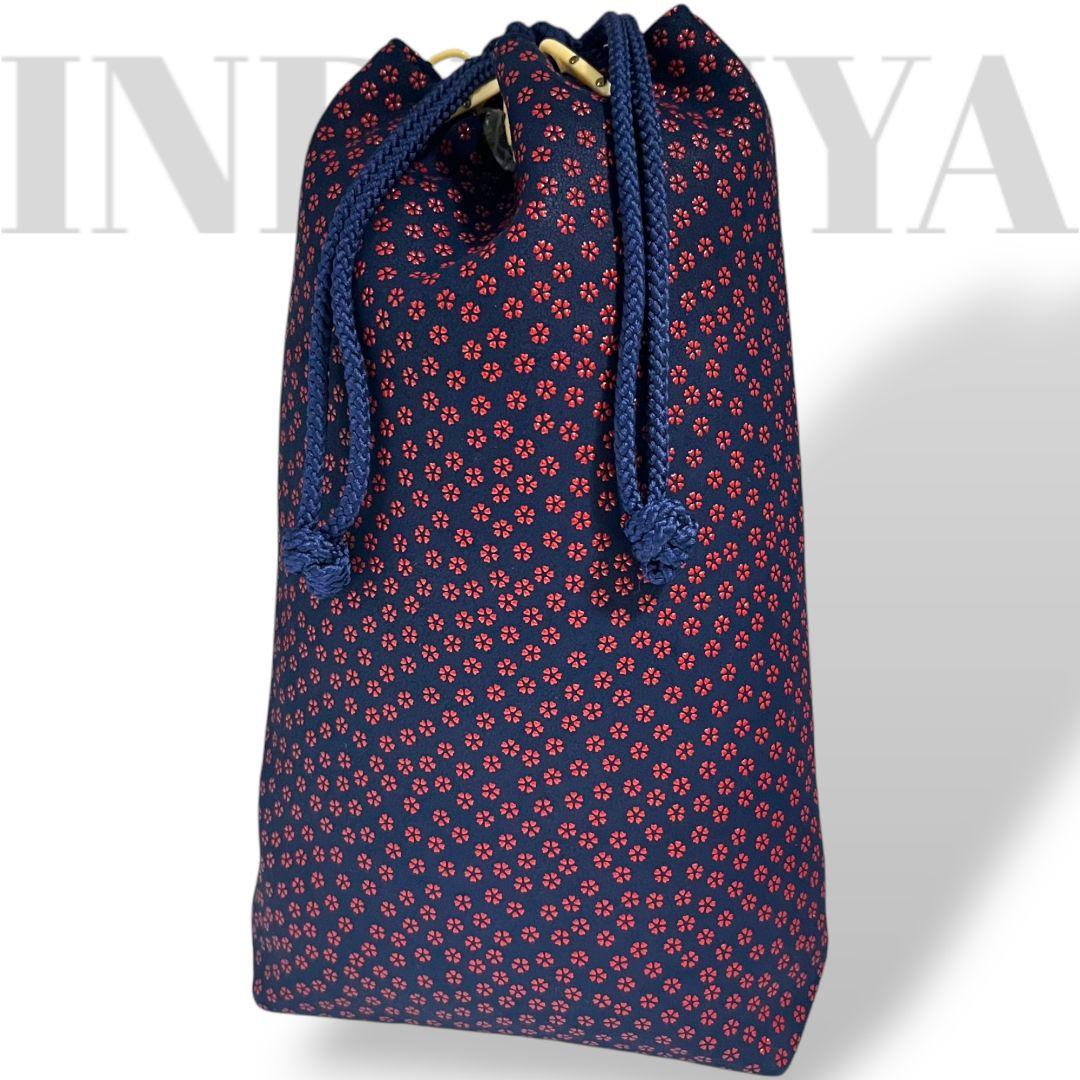 極美品✨未使用級　印傳屋　合切袋（大）　信玄袋　巾着　小桜柄　鹿革　濃紺　赤