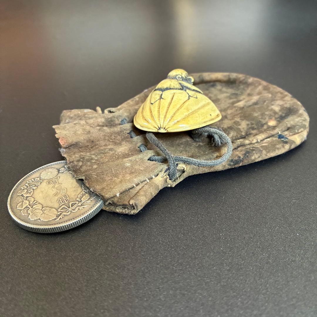 [時代根付　栗から猿　巾着　提げ物]