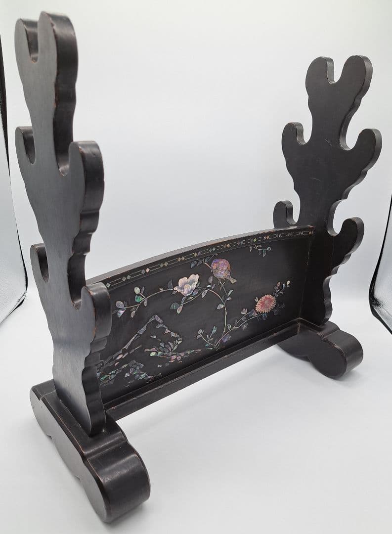 Y*タ様 時代名品 長崎螺鈿細工刀掛 木製漆塗刀掛け台 武具 時代物 極上品 日