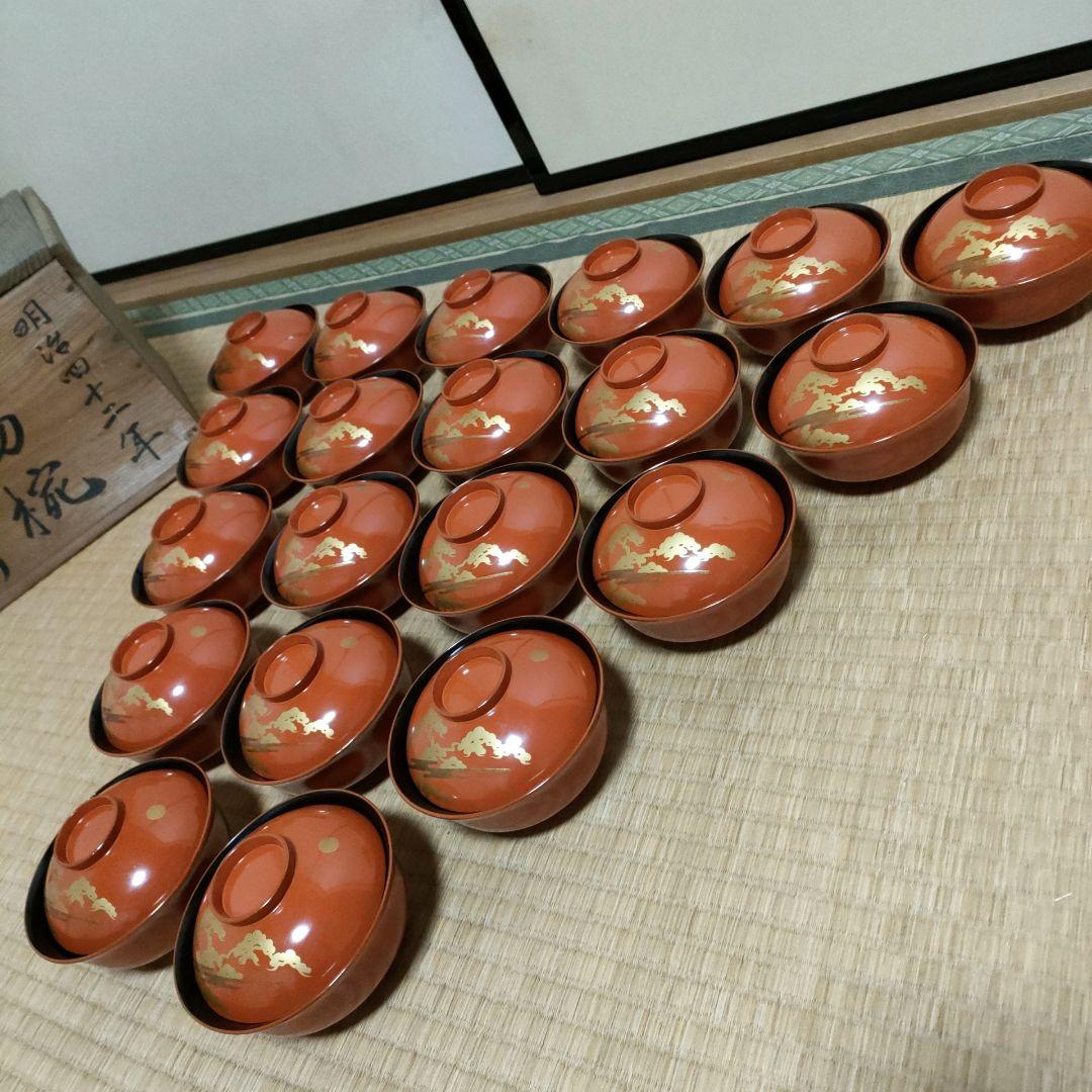 明治期 光琳松 金蒔絵 吸物椀 20客揃 共箱 洗朱 内黒 木製漆器 料亭 懐石