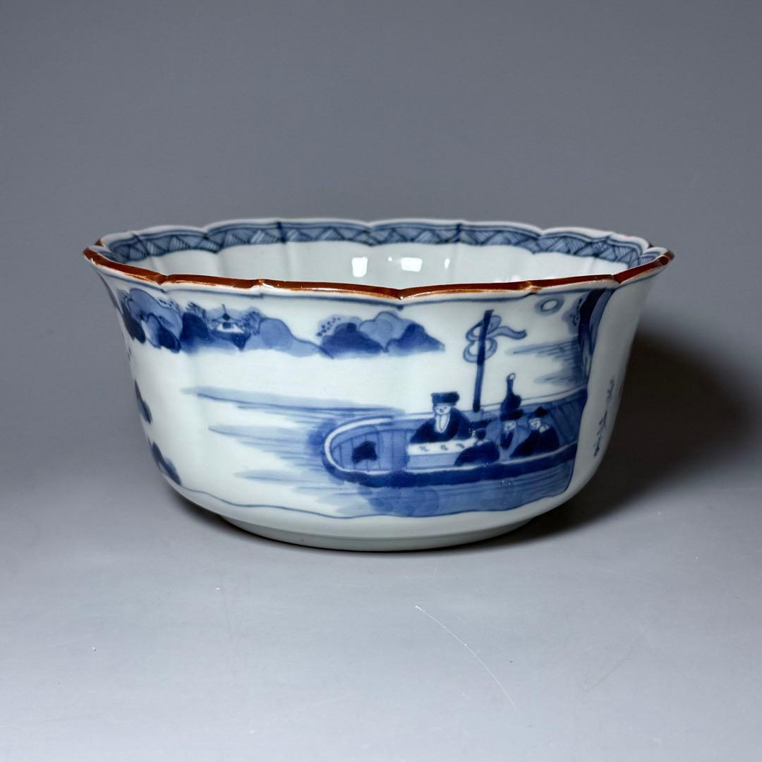 古伊万里　染付賢人漢詩輪花形中鉢　五点　赤壁賦　蘇軾　直径16.1cm　極上鉢