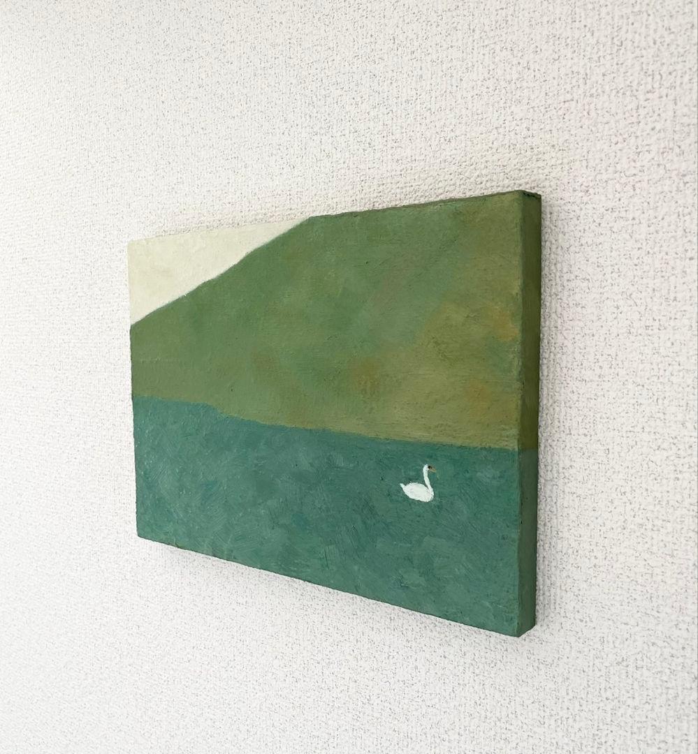 油彩画　白鳥のいる湖