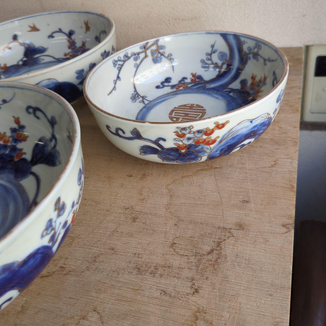 骨董 古伊万里 三っ丼 大中小 鉢 染め付け 花と鳥 二重高台 器