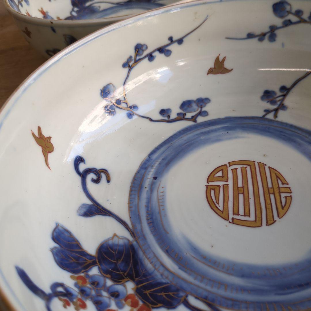 骨董 古伊万里 三っ丼 大中小 鉢 染め付け 花と鳥 二重高台 器