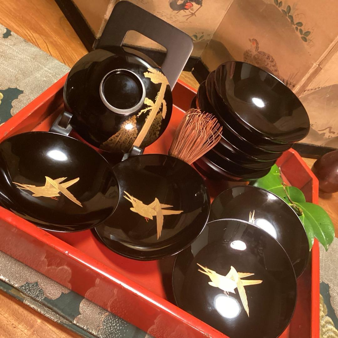 A915 木製輪島塗　黒塗　月に時鳥（ホトトギス）蒔絵　5客