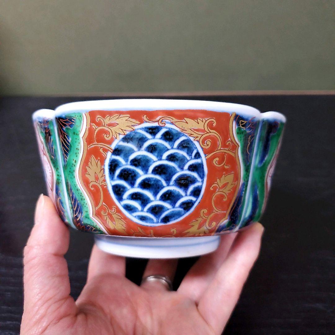 (451)✿有田焼★藤右ェ門窯★万歴赤絵木甲型小鉢5個セット★破魔オマケ付き★