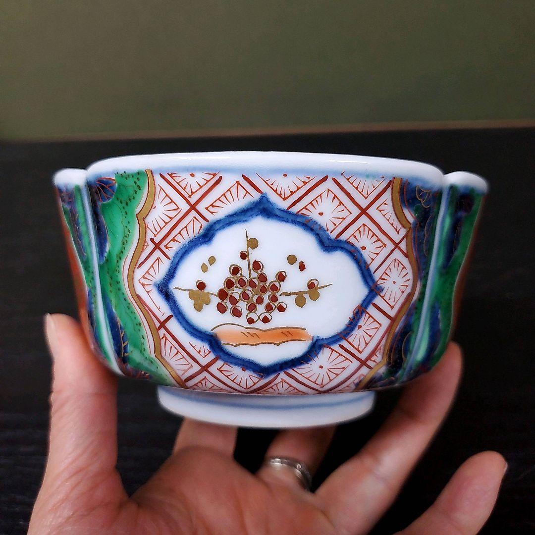 (451)✿有田焼★藤右ェ門窯★万歴赤絵木甲型小鉢5個セット★破魔オマケ付き★