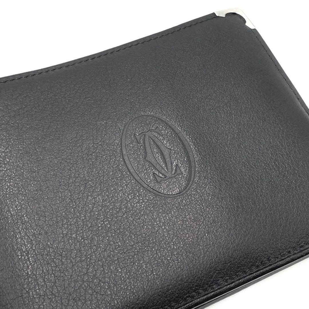 極美品● マスト ドゥ カルティエ 二つ折り財布 マストライン ブラック 鑑定済