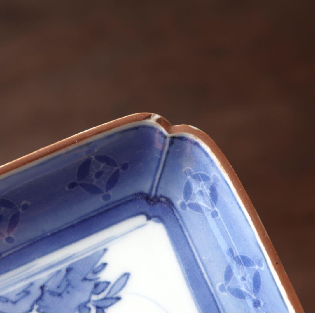 江戸時代　前期　古伊万里　藍九谷　柳下　白鷺文　角皿　隅落し　平向付　食器　②