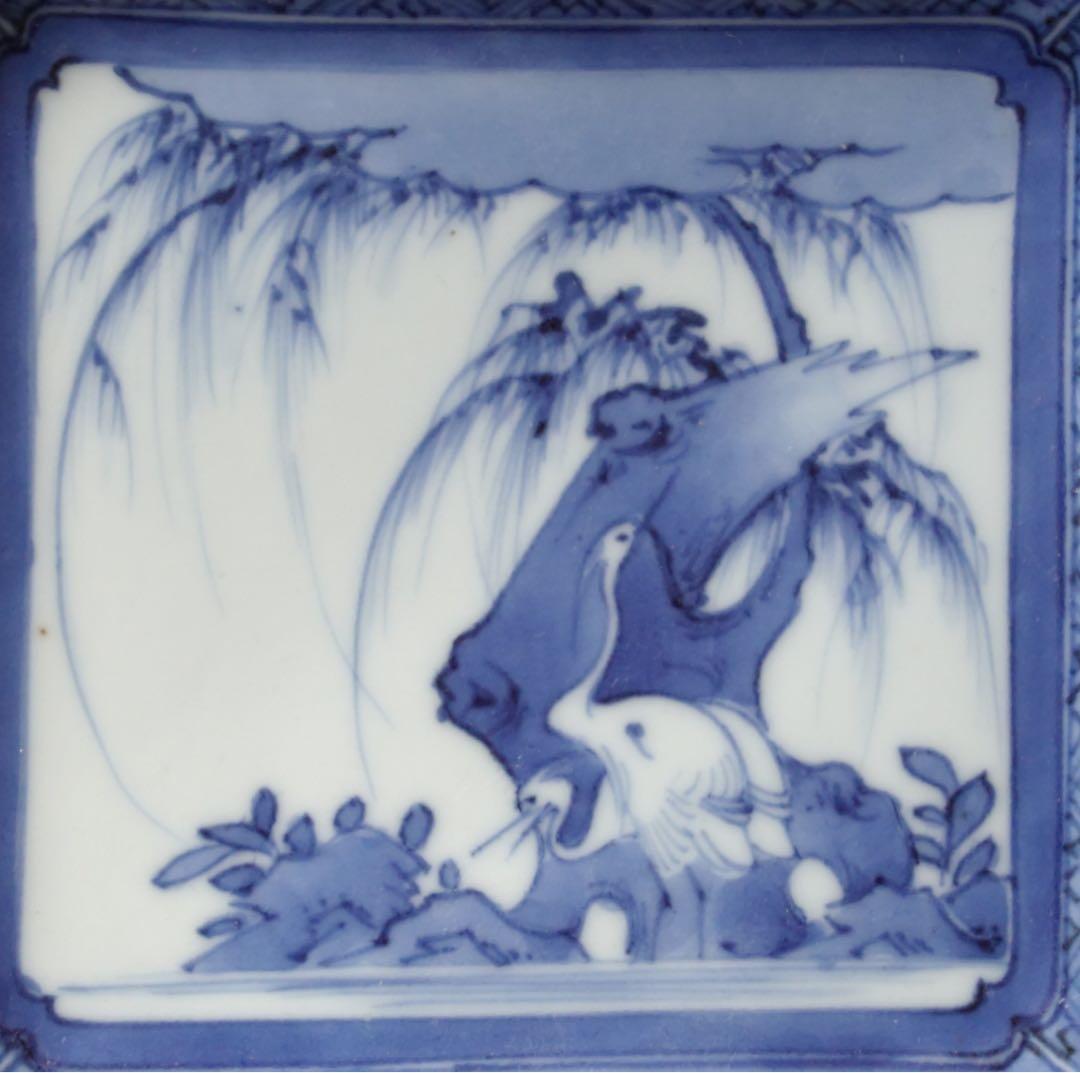 江戸時代　前期　古伊万里　藍九谷　柳下　白鷺文　角皿　隅落し　平向付　食器　②
