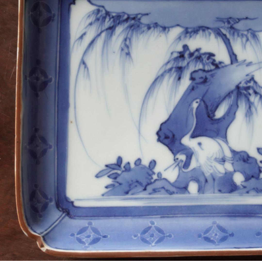 江戸時代　前期　古伊万里　藍九谷　柳下　白鷺文　角皿　隅落し　平向付　食器　②