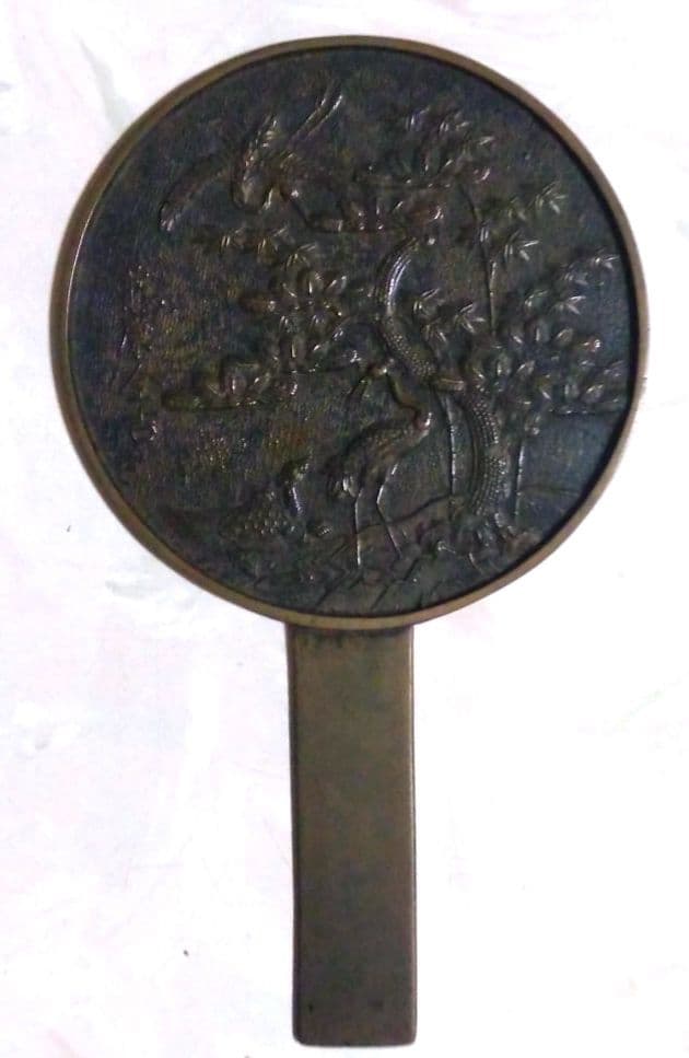 鶴亀に松文様　柄鏡　藤原金吉　アンティーク