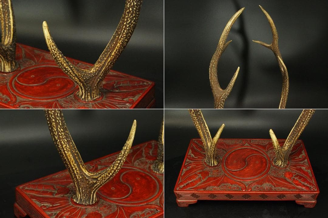 武具甲冑 讃岐 堆朱 刻 雲蝙蝠 鹿角 吉祥 刀掛(LC328)