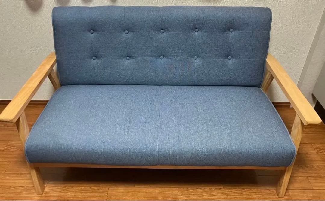 【美品＊送料込】 2人掛け ソファー ブルー 木脚＆木肘