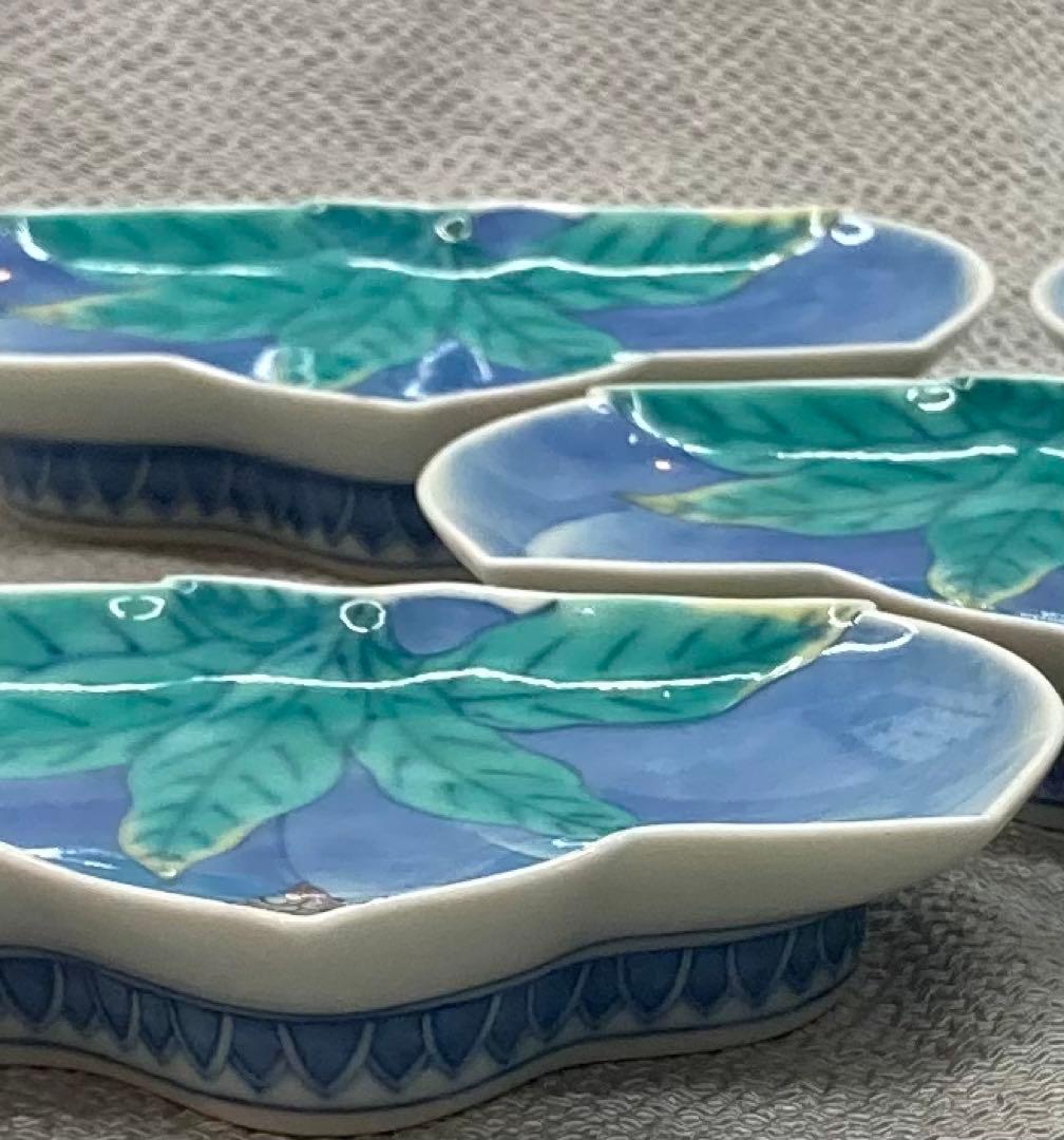 B100s  今泉今右衛門「色絵双桃変形小皿  5枚」  鍋島焼　箱無し　有田焼