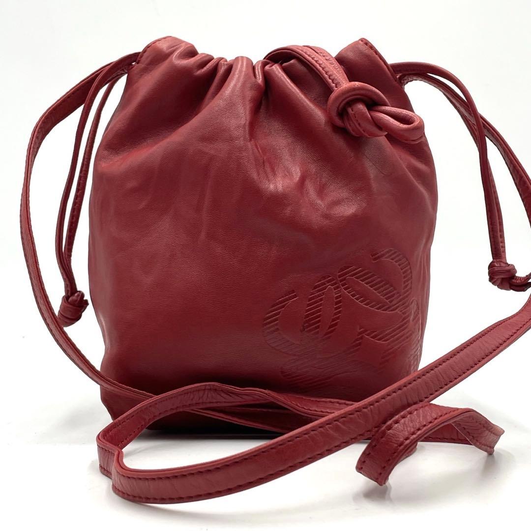 美品● ロエベ ショルダーバッグ 巾着 アナグラム ロゴ レッド レザー