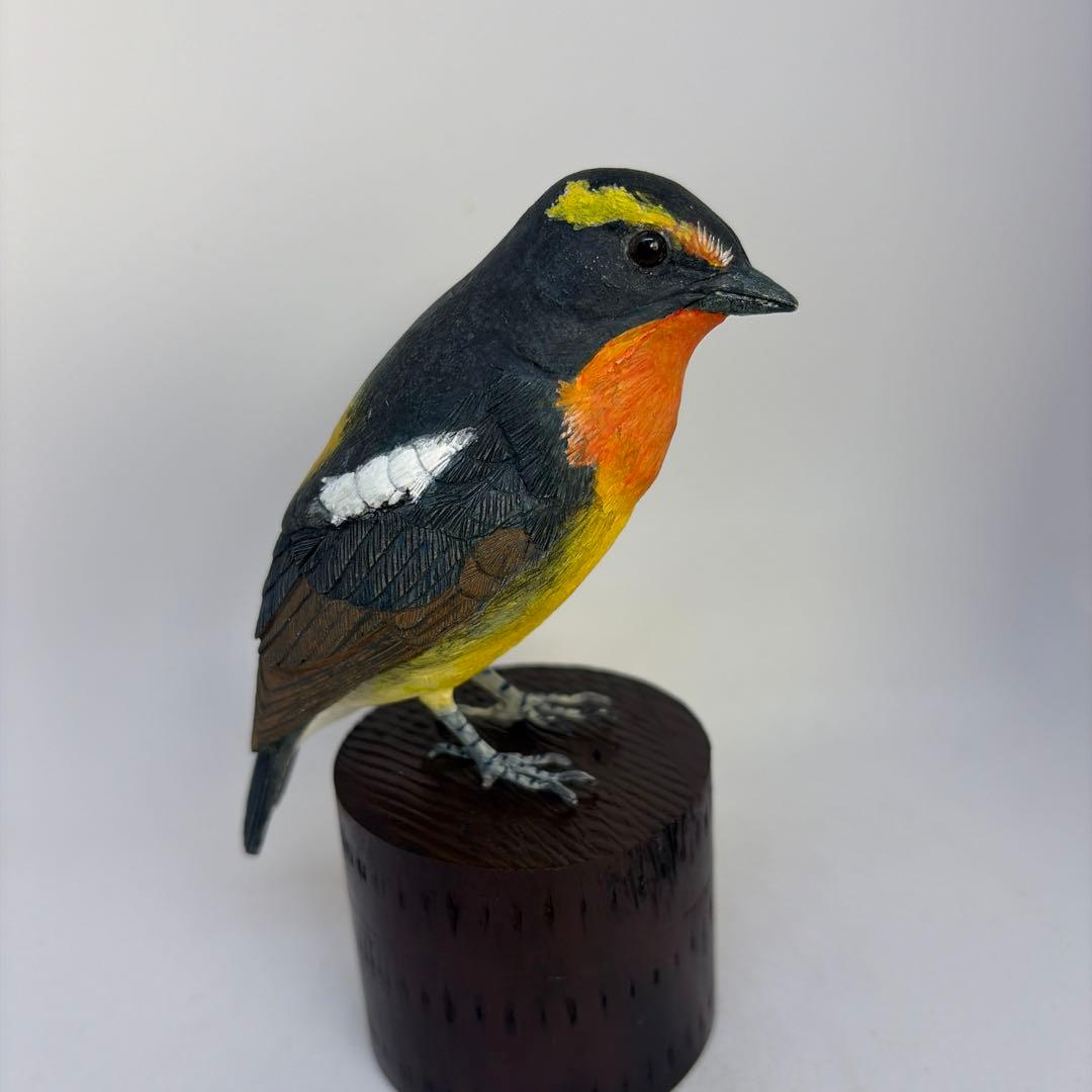 「キビタキ」　木彫りの野鳥　 バードカービング　野鳥彫刻 リアル彫刻