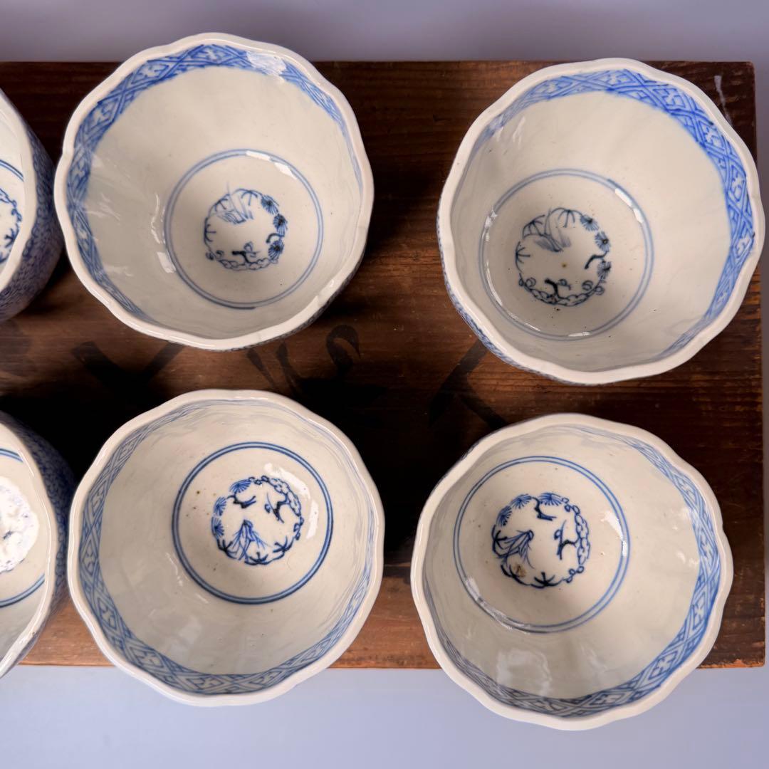 古伊万里　染付微塵唐草文向付　十客揃い　成化年製　納箱付　蕎麦猪口　古器を楽しむ