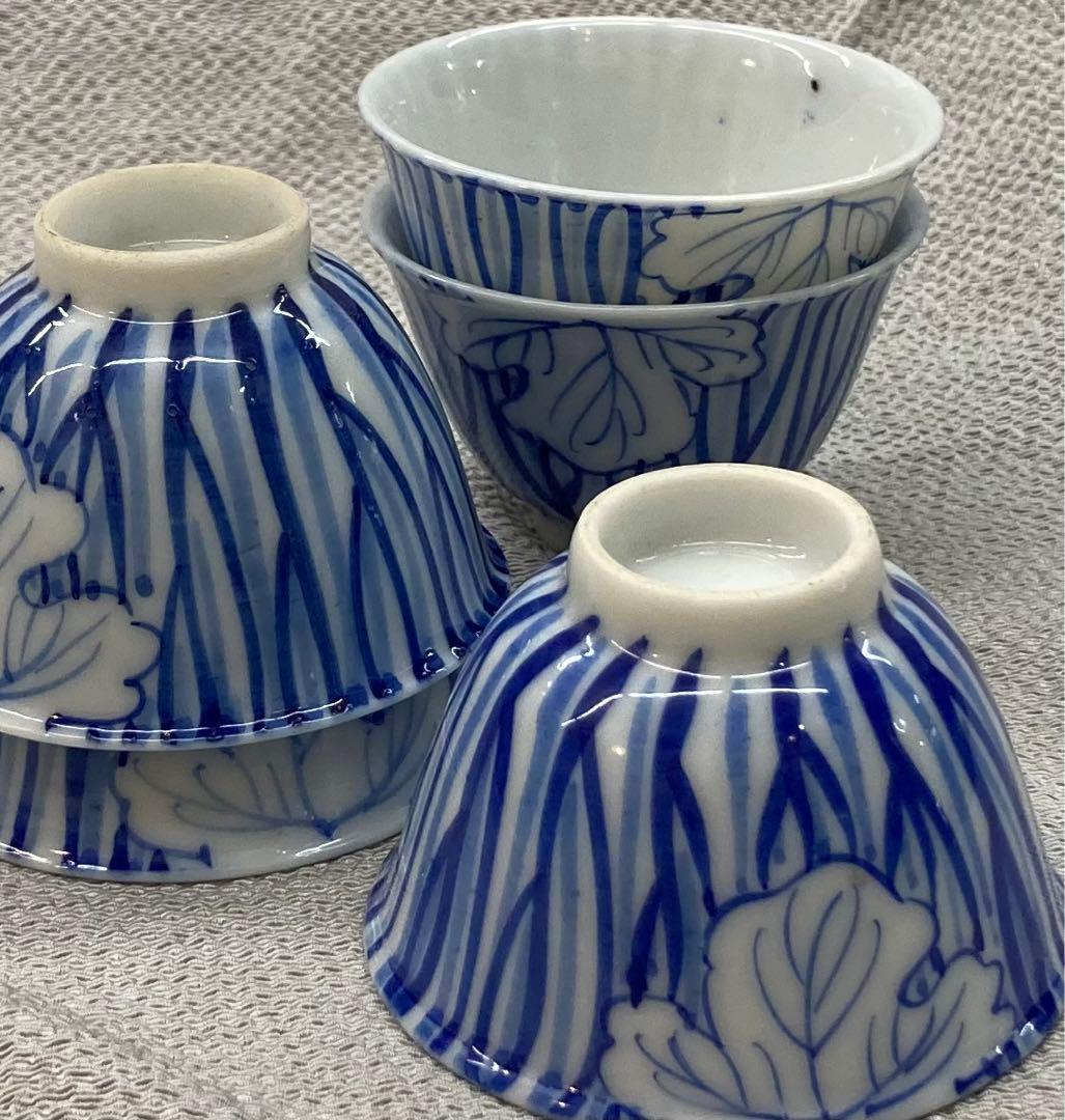 B151s  染付一葉煎茶碗　5個　茶道具　瀬戸　骨董　ぐい呑　盃