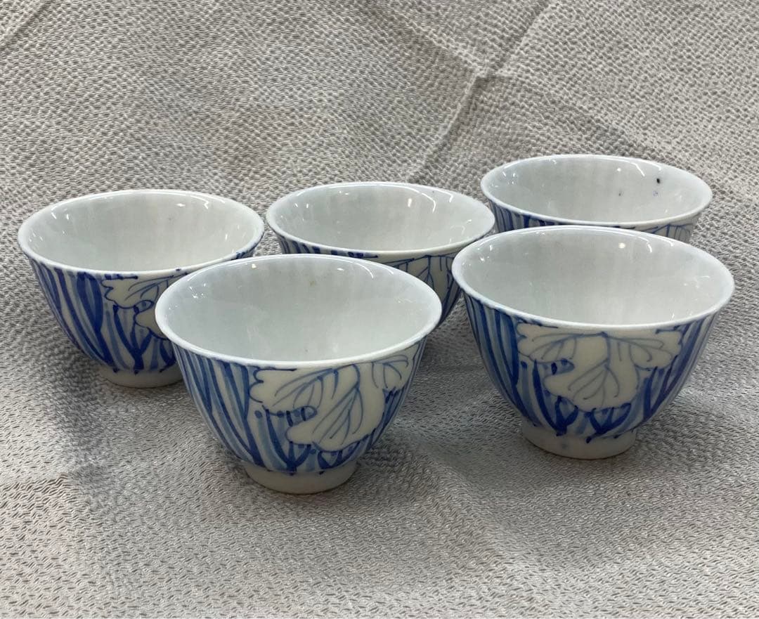B151s  染付一葉煎茶碗　5個　茶道具　瀬戸　骨董　ぐい呑　盃
