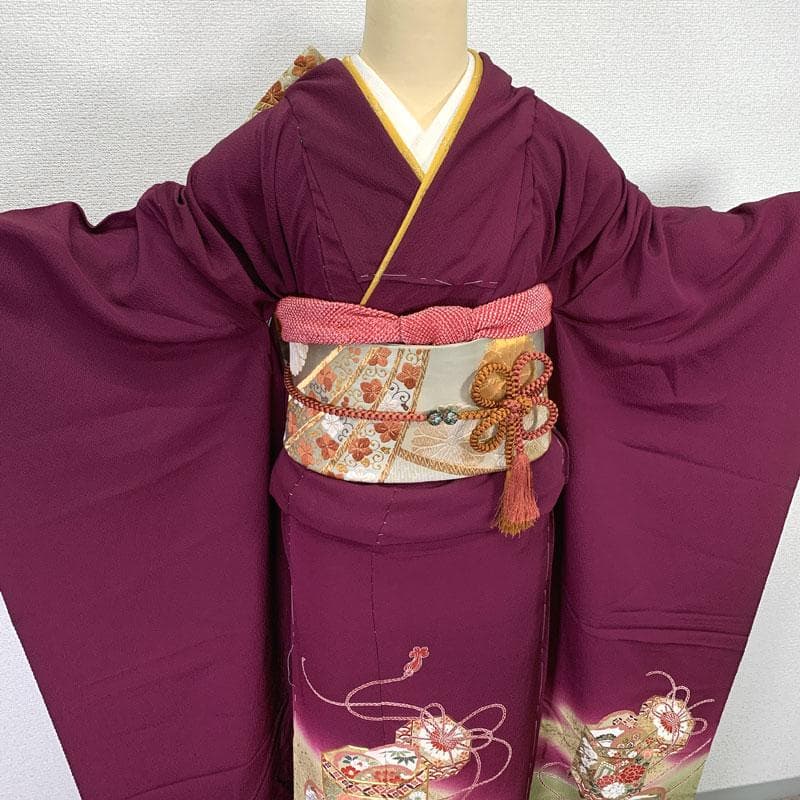 508z17〇振袖 仮絵羽 貝桶 赤紫 金駒刺繍 洒落紋〇美品 成人式 結婚式