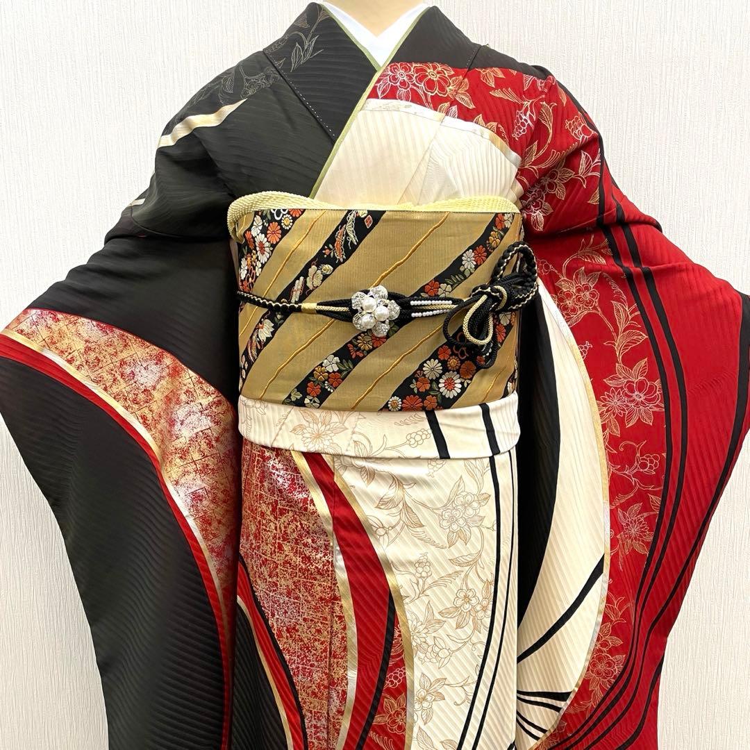 梅乃【151】正絹　振袖　フルセット　前撮り　成人式　撮影　大人　黒　赤　金