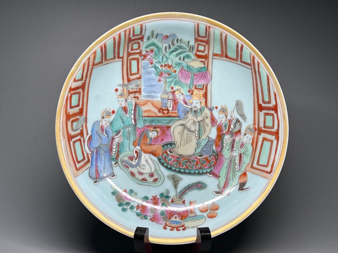 中国美術　大清同治年製在銘　粉彩人物像　唐物　古賞物　茶道具　コウモリ　美品