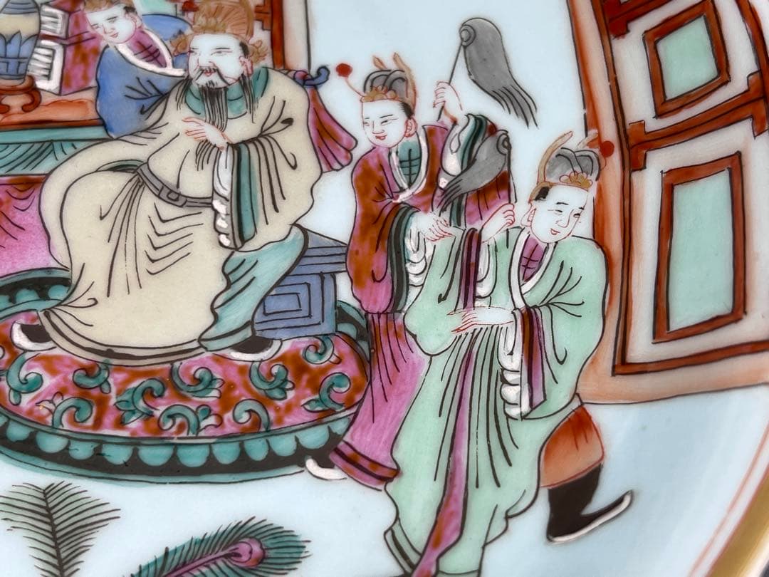 中国美術　大清同治年製在銘　粉彩人物像　唐物　古賞物　茶道具　コウモリ　美品