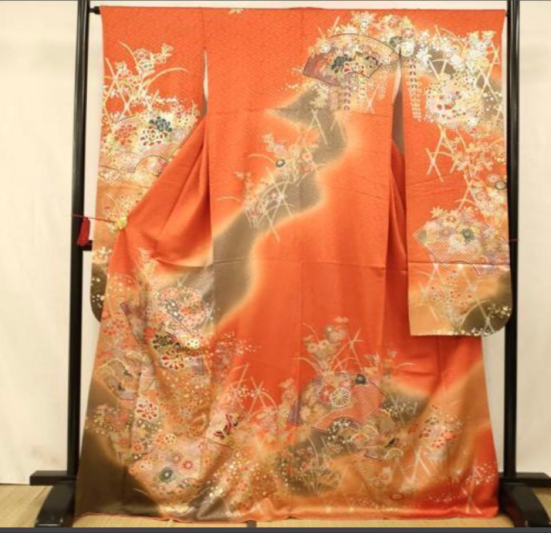 振袖フルセット6点サイズM〜Ｌ駒刺繍　地紙御所車文　暈し染め　金銀彩　正絹