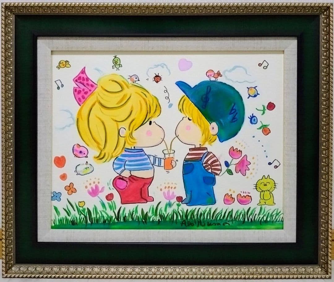 【F6号】水森亜土　手描き作品/表裏サイン・裏描き有/油彩/アクリル/額縁/額装