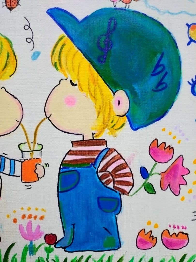 【F6号】水森亜土　手描き作品/表裏サイン・裏描き有/油彩/アクリル/額縁/額装