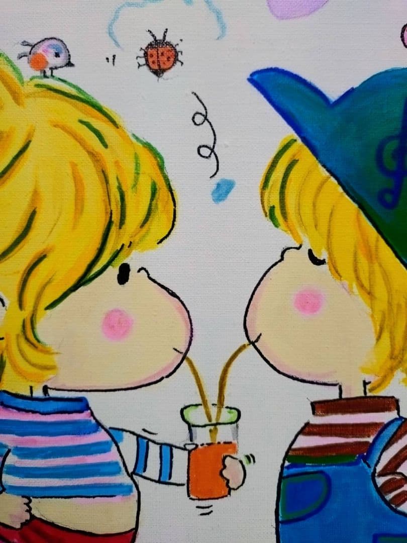 【F6号】水森亜土　手描き作品/表裏サイン・裏描き有/油彩/アクリル/額縁/額装