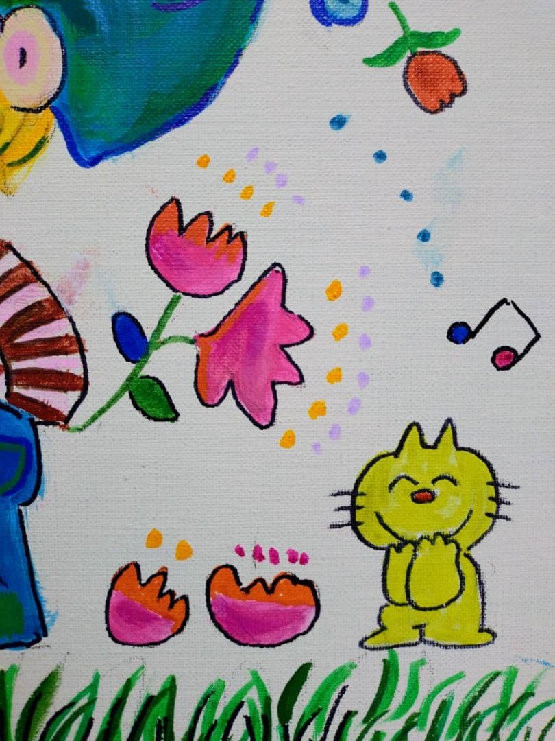 【F6号】水森亜土　手描き作品/表裏サイン・裏描き有/油彩/アクリル/額縁/額装