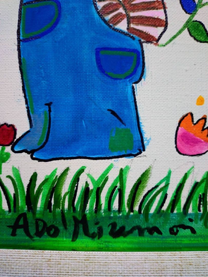 【F6号】水森亜土　手描き作品/表裏サイン・裏描き有/油彩/アクリル/額縁/額装