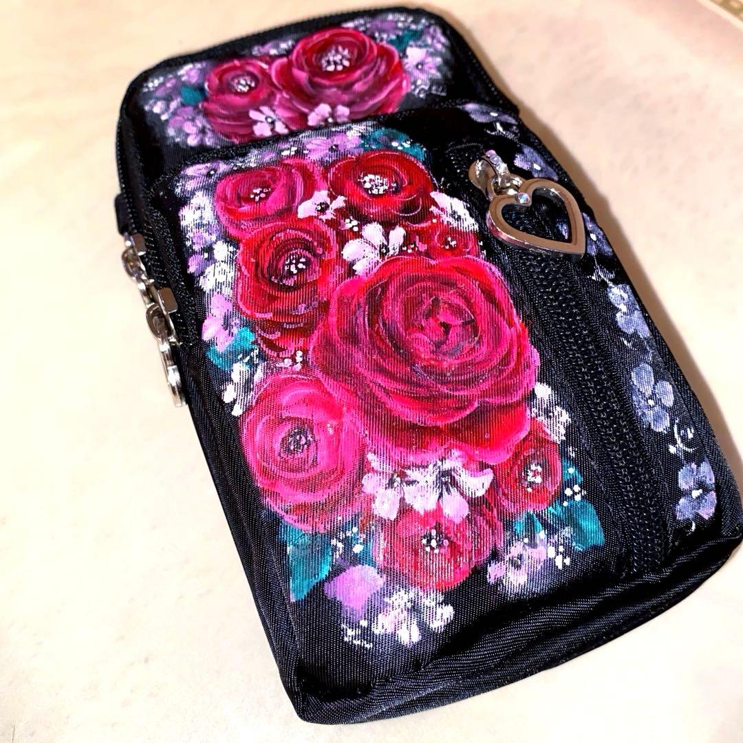 スマホポシェット　サーキュレーター　薔薇　手描き　トールペイント