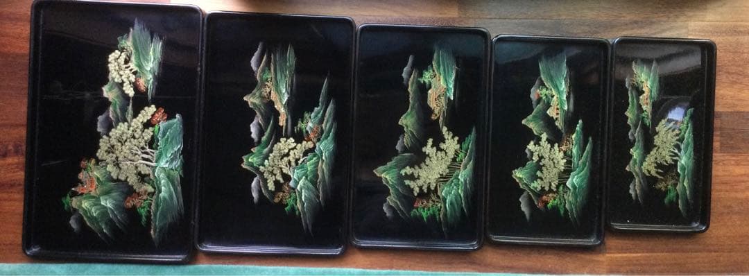 箱付き、中国の漆お盆5個セット、新品未使用、骨董品