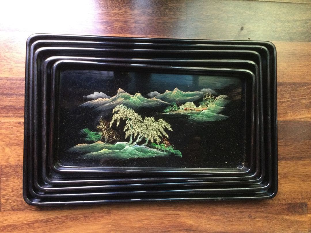 箱付き、中国の漆お盆5個セット、新品未使用、骨董品