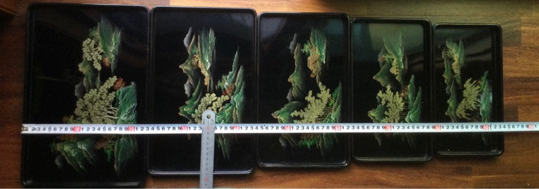 箱付き、中国の漆お盆5個セット、新品未使用、骨董品