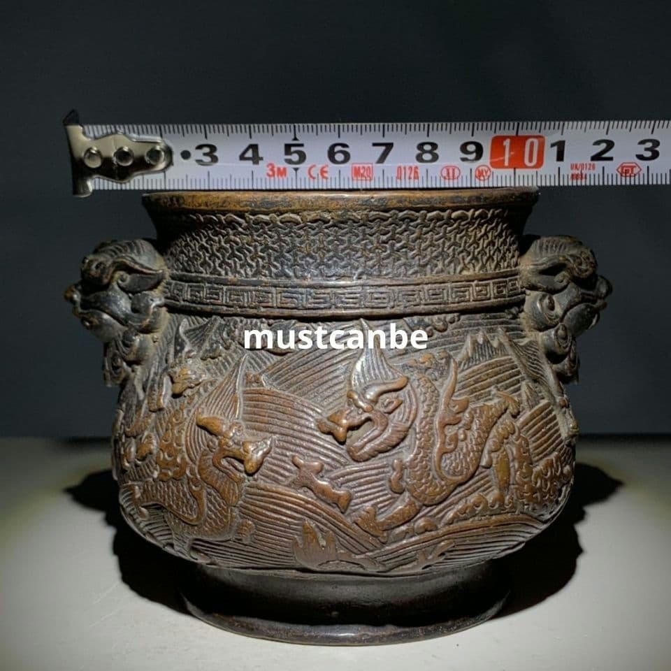香炉 浮彫り竜紋獣耳香炉 挿し香炉 銅製品 工芸品 置物