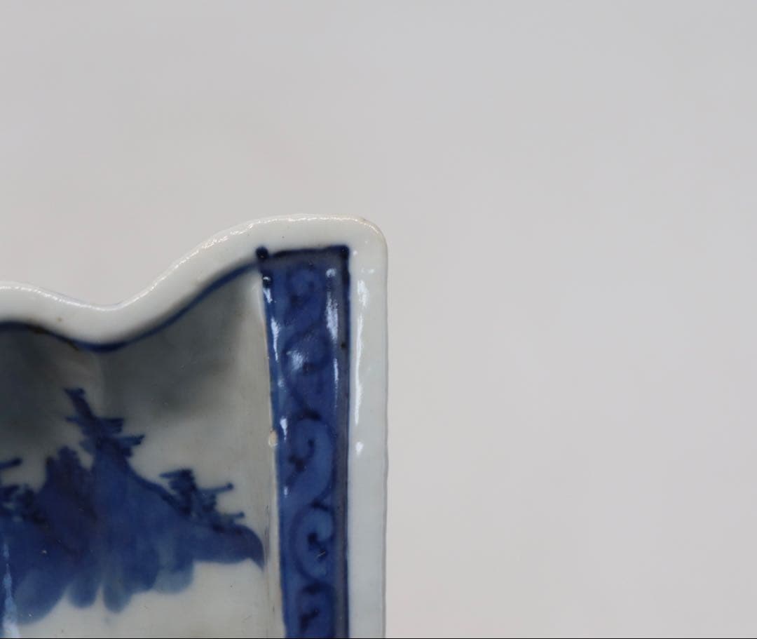 古染　三足付　末広向付　山水人物紋　送料込み250214