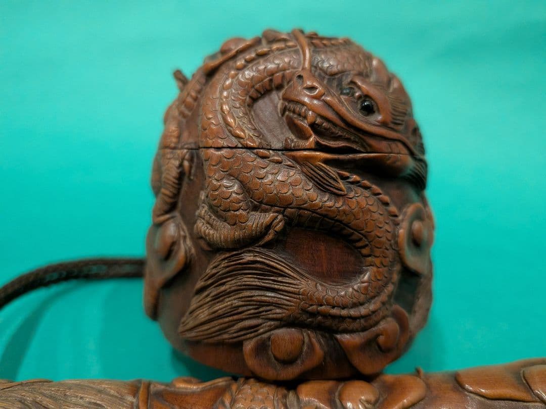 双龍彫刻 柘植製矢立、墨入れセットA3、日本製携帯用墨壺と筆入れセット、希少品、