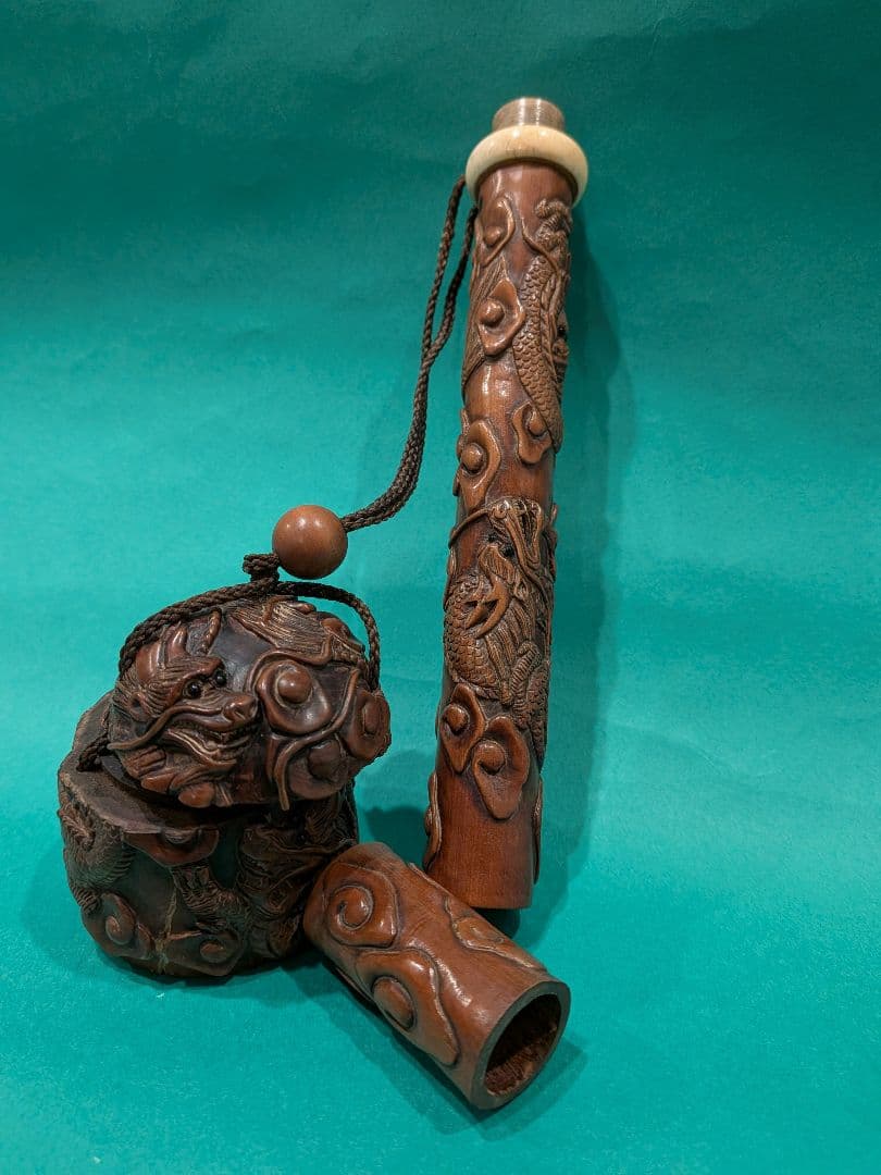 双龍彫刻 柘植製矢立、墨入れセットA3、日本製携帯用墨壺と筆入れセット、希少品、