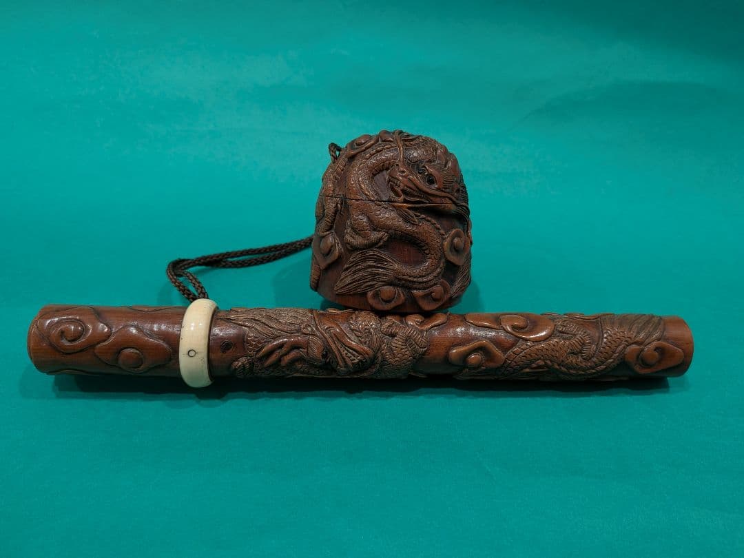 双龍彫刻 柘植製矢立、墨入れセットA3、日本製携帯用墨壺と筆入れセット、希少品、