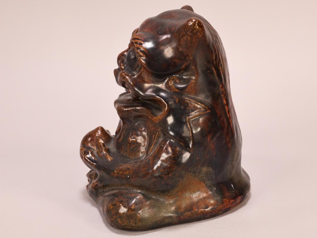 BK400　江戸期　古瀬戸焼　在銘あり　飴釉薬　鬼置物　魔除　風水