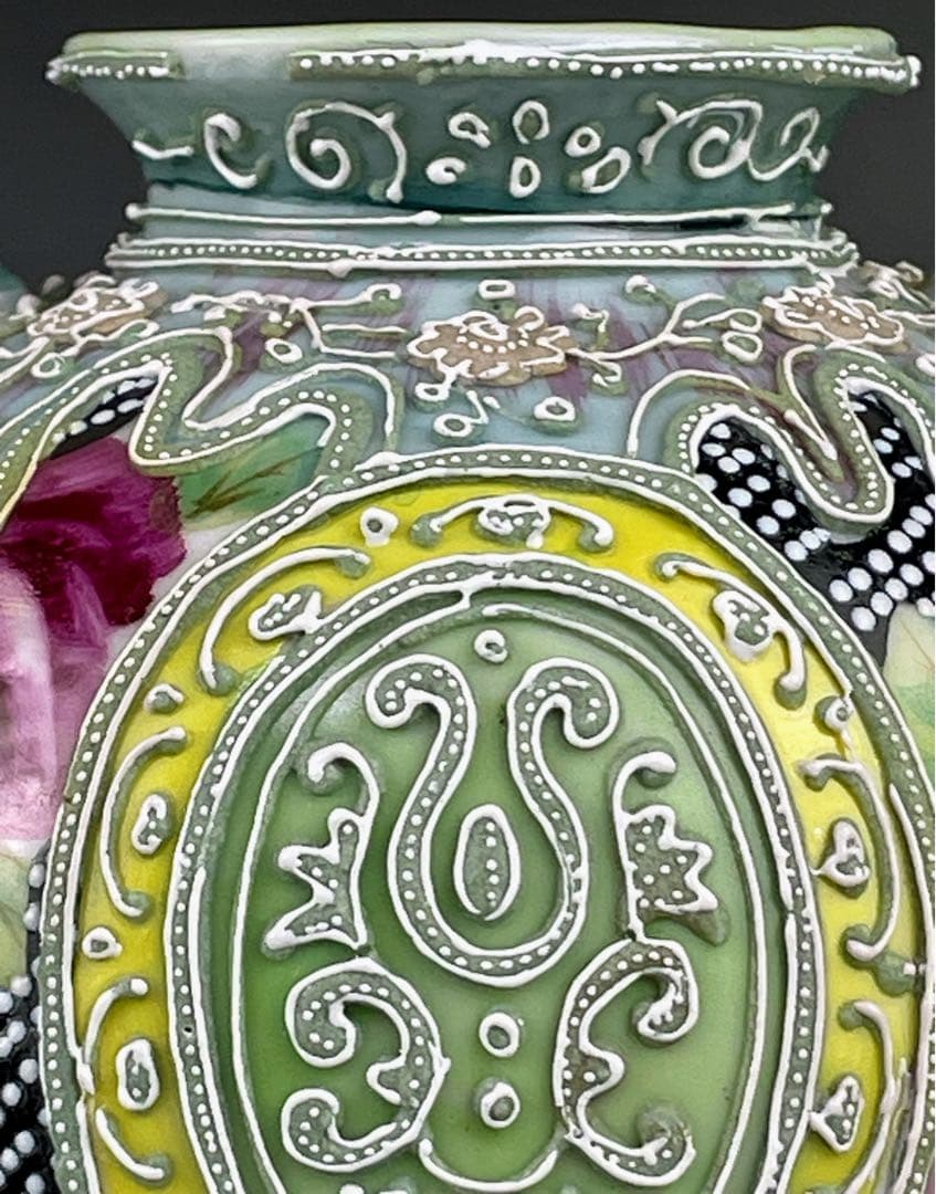 【希少】オールドニッポン 薔薇紋 一陳盛上げ アールヌーボー 花瓶 ビーディング